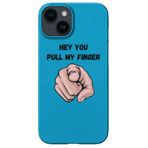 Blue Phone Case with a finger pointing toward you and text that reads Hey You Pull My Finer